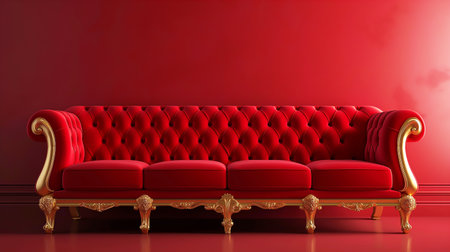 Red leather sofa in classic interior, 3d render, red backgroundの素材
