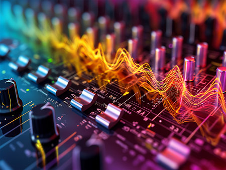 Audio mixing console. 3d rendering of sound mixer control panel.の素材