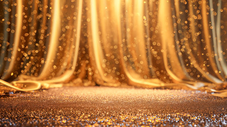 golden glitter and drapes background. 3d render illustrationの素材