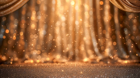 Golden stage curtain with golden lights and glitter bokeh background.の素材