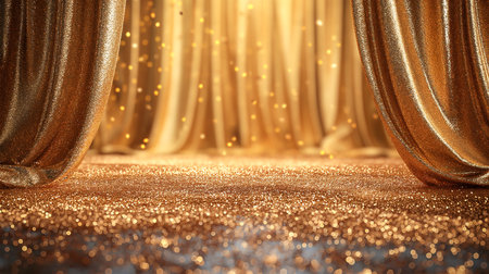 Golden curtain with glitter and bokeh background. 3d renderingの素材