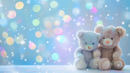 Two teddy bears on blue background with bokeh and snowの素材