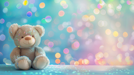 Cute teddy bear on bokeh background with copy spaceの素材