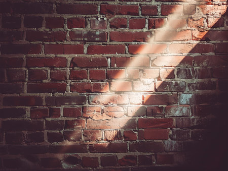 Red brick wall with beam of light. Photo in old color image styleの素材