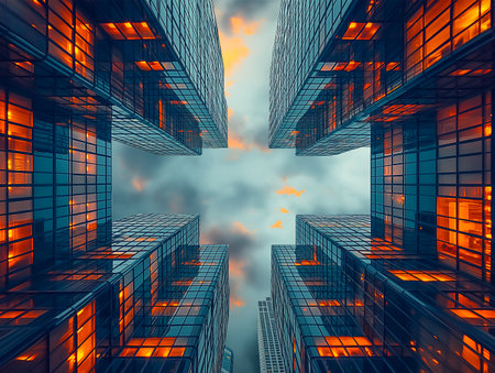Modern skyscrapers in the city. 3d rendering toned imageの素材