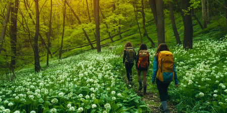 Group of young women with backpacks hiking in the wild garlic field.の素材