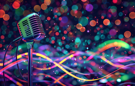 Retro microphone on a colorful bokeh background. 3d renderingの素材