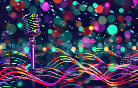 Retro microphone on colorful bokeh background. 3d renderingの素材