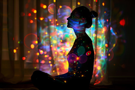 Silhouette of a beautiful young woman with creative body art on the background of colorful lightsの素材
