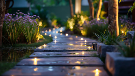 Lights in the garden at night time. Beautiful nature background.の素材
