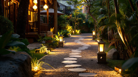 Walkway in the garden at night with lighted lanterns.の素材