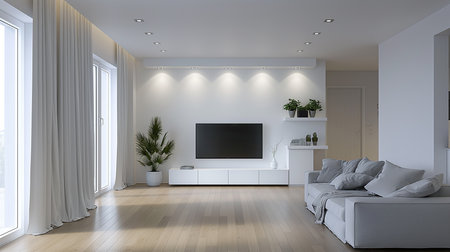 Modern bright interiors 3D rendering illustration. Living room with tvの素材