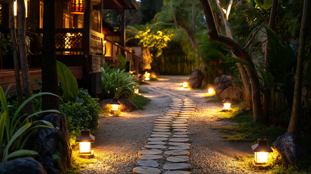 Pathway in the garden at night with lanterns in the eveningの素材