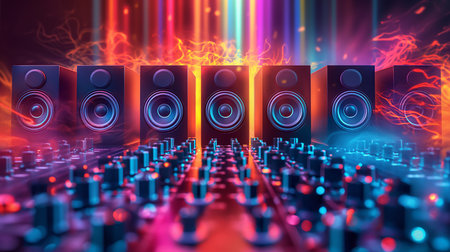Music speakers on a dark background. 3d rendering, 3d illustration.の素材