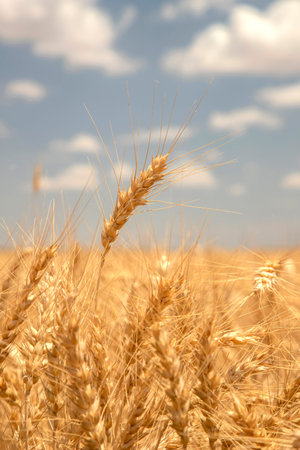 Golden wheat field and blue sky with white clouds in the background