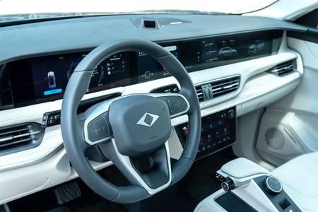 Istanbul, Turkey - June 20 2023 : Togg T10X is a fully electric C-segment SUV produced by the Turkish car manufacturer Togg. It has luxury interior design.のeditorial素材