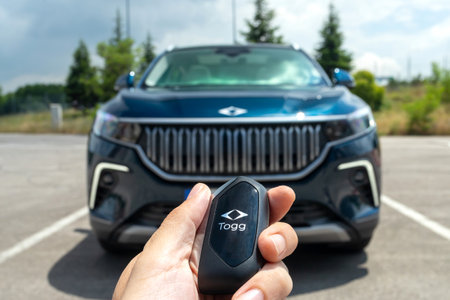 Istanbul, Turkey - June 20 2023 : Togg T10X is a fully electric C-segment SUV produced by the Turkish car manufacturer Togg. It has wireless car key technology.のeditorial素材