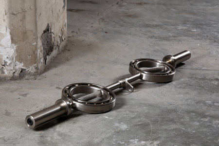 Barbell bar on the old gym floor.の写真素材