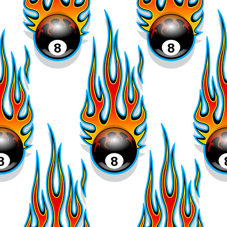 Seamless pattern with classic tribal hot rod muscle car flames and billiards 8 ball isolated on white background.のイラスト素材