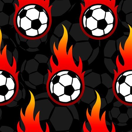 Seamless pattern with football soccer ball icons and flames. Vector illustration. Ideal for wallpaper, wrapping, packaging, fabric design and any kind of decoration.のイラスト素材
