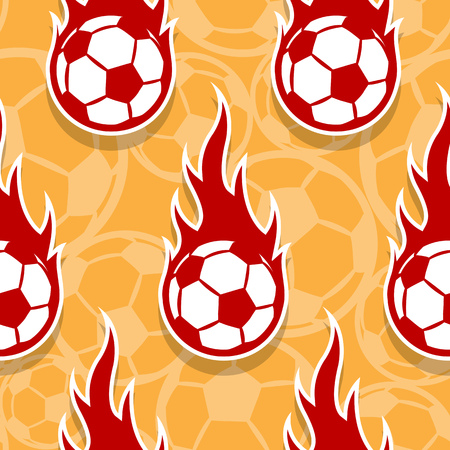 Seamless pattern with football soccer ball icons and flames. Vector illustration. Ideal for wallpaper, wrapping, packaging, fabric design and any kind of decoration.のイラスト素材