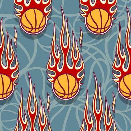 Seamless pattern with basketball balls and hotrod flames. Vector illustration. Ideal for wallpaper, cover, packaging, fabric, textile, wrapping paper design and any kind of decoration.のイラスト素材