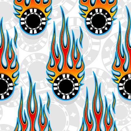 Seamless pattern with casino poker chips symbols and hot rod flame. Digital vector illustration. Ideal for wallpaper packaging fabric textile wrapping paper design.のイラスト素材
