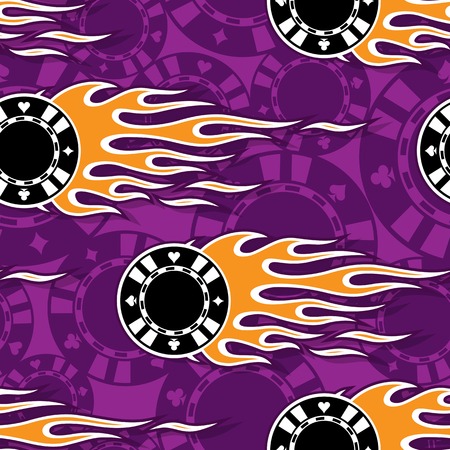 Casino poker chips symbols printable seamless pattern with hotrod flames. Vector illustration. Ideal for wallpaper packaging fabric textile wrapping paper design.のイラスト素材