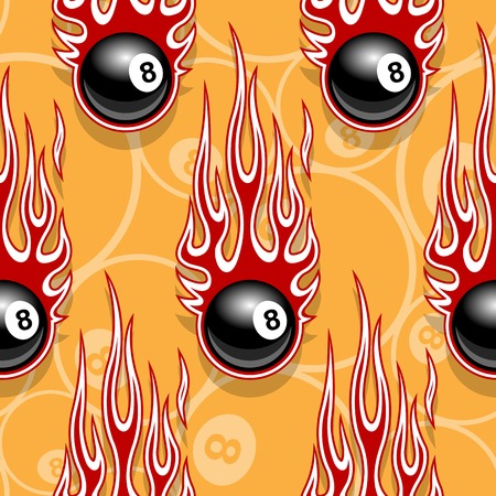 Billiards pool snooker 8 ball symbols seamless pattern with hotrod flame. Printable vector illustration. Ideal for wallpaper packaging fabric textile wrapping paper design.のイラスト素材