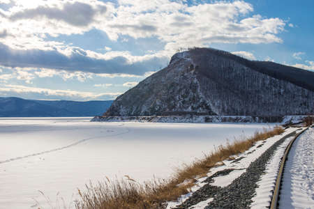 Beautiful view of frozen Baikal in Russiaの写真素材