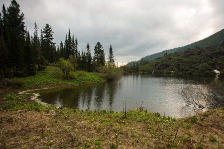 view reflection mountain lake, near lake Baikalの写真素材