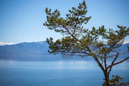 beautiful panorama of lake Baikal with mountain views