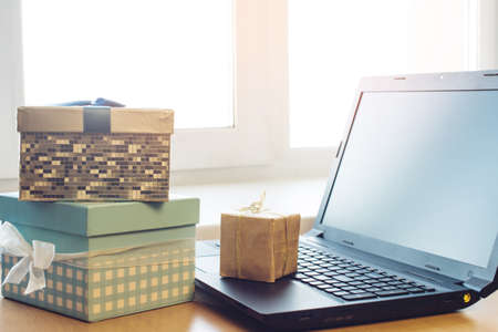 views of gift box and laptop, the concept of e-shoppingの写真素材
