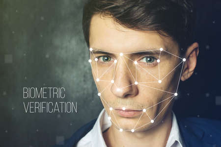 Biometric verification. Face recognition on polygonal grid is constructed by the pointsの写真素材