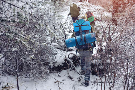 Winter landscape. Tourists come over the hill in the snow. Christmas. Low contrast. The color tintの写真素材