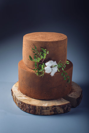 Truffle chocolate tiered cake dusted with cocoa on a wooden stand. trends for wedding desserts, foot...