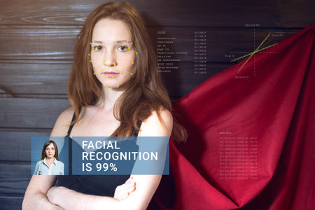 Recognition of a female face by layering a mesh and the calculation of the personal data by the...