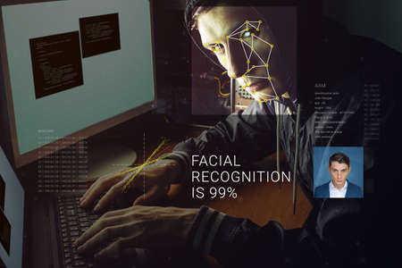 Recognition of a male face by layering a mesh and the calculation of the personal data by the software. Biometric verification and identificationの写真素材