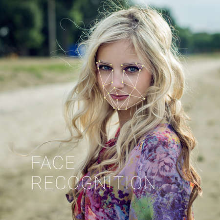 Recognition of a female face by layering a mesh and the calculation of the personal data by the software. Biometric verification and identificationの写真素材