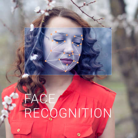 Recognition of a female face by layering a mesh and the calculation of the personal data by the software. Biometric verification and identificationの写真素材
