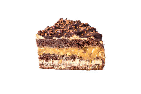 Isolated piece of Delicious chocolate layered cake with nougat and biscuit in the cutの写真素材