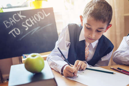 Back to school. Cute child sitting at the desk in the classroom. Boy is drawing with pencil on the lesson. Concept for the first time in elementary schoolの写真素材