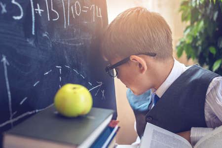 Back to school. Smart child solves a task in the classroom. Concept for the first time in elementary schoolの写真素材