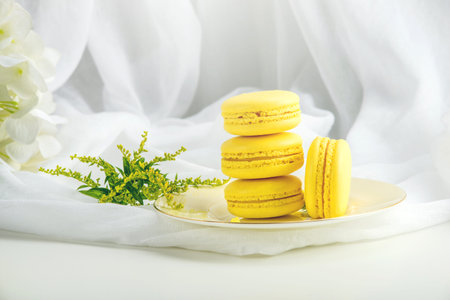 Yellow banana macarons. French delicate dessert for Breakfast in the morning lightの写真素材