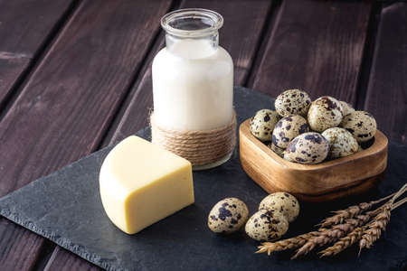 Eco farm products milk, cheese, yogurt, eggs on dark wooden background. The concept of home made natural foodの写真素材