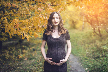 Beautiful portrait of pregnant woman belly in a warm knitted dress in colorful autumn forest in September. The concept of pregnancy and the seasonsの写真素材
