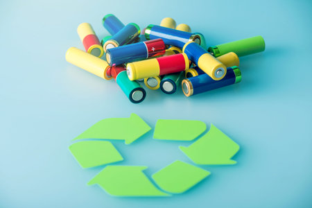 Used AA and proper disposal of toxic to the environment and soil batteries on a blue background. The...
