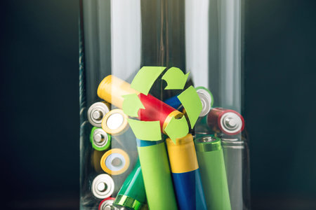 Used AA and proper disposal of toxic to the environment and soil batteries on a blue background. The...