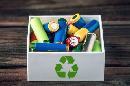 Used AA and proper disposal of toxic to the environment and soil batteries on a blue background. The...