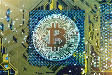 Bitcoin is on the chip as a processor. Mining cryptocurrency. The concept of technologies of virtual...